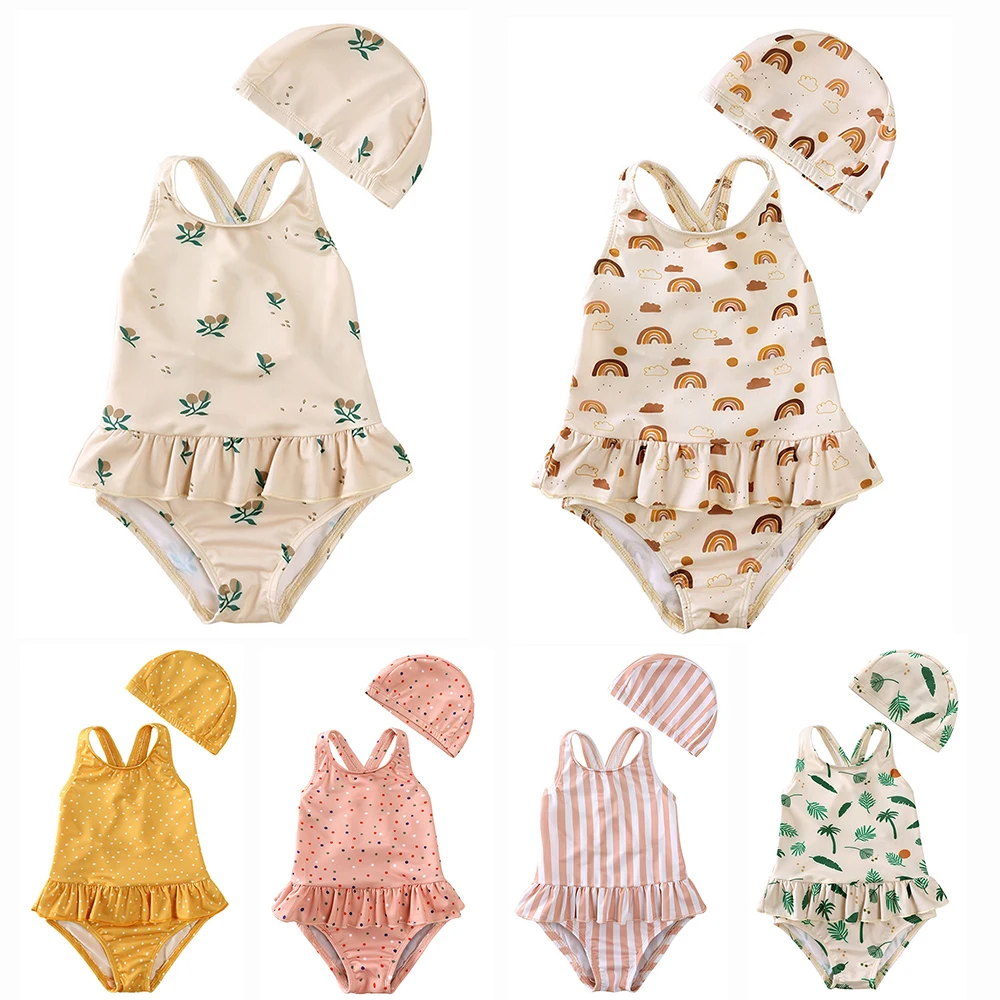 Ins Style 1-8Y Girls Ruffle One Piece Swimming Suit Baby Toddler Child Kids Bathing Suit Back Cross Straps Floral Dot With Cap