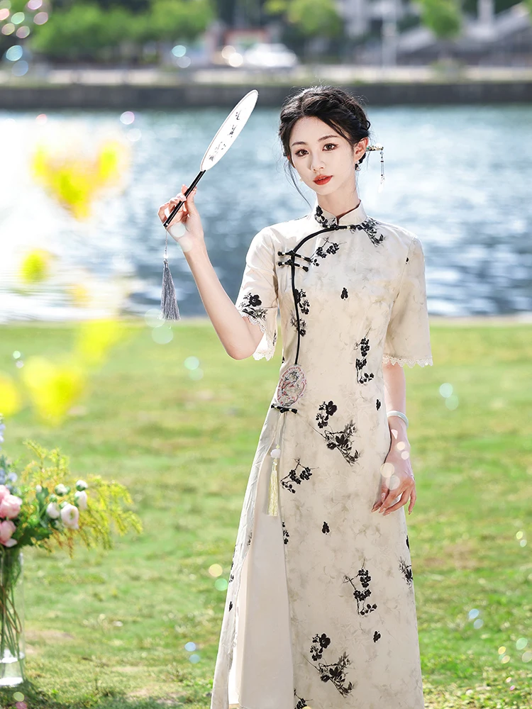 

Женское длинное ципао для чайной церемонии, в модернизированном китайском стиле, национальная модная женская одежда, повседневная, из полиэстера