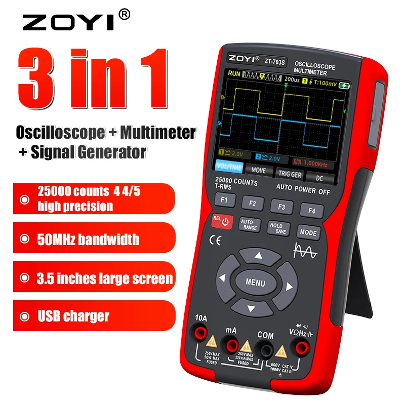 Цифровой осциллограф 3 в 1 ZT703S, мультиметр, полоса пропускания 50 МГц, частота 280 мс, ПК, осциллограф, устройство для хранения данных, двойной генератор сигналов, тестер
