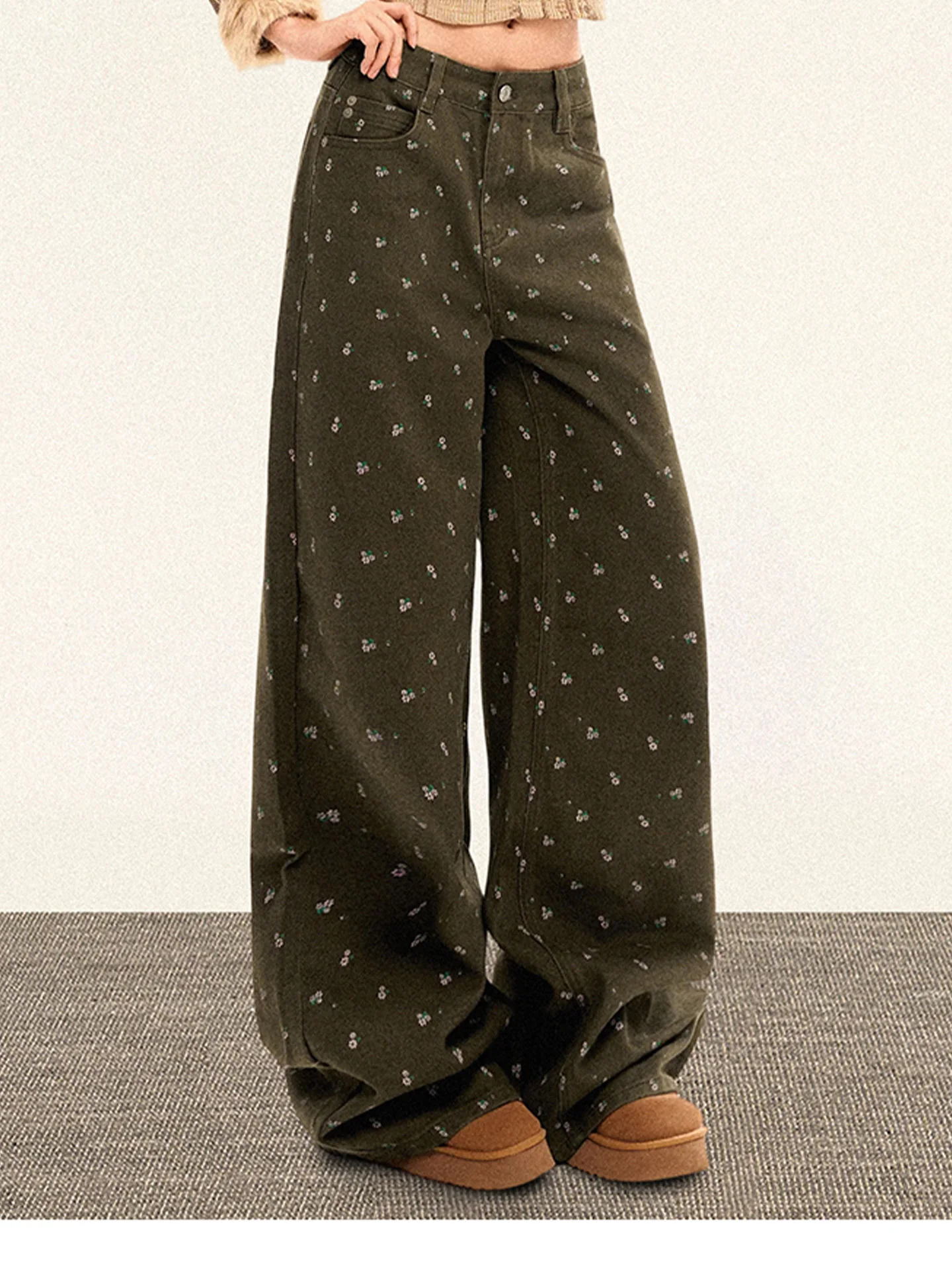 

Retro Floral Wide Leg High Waist Denim Jeans Women's Summer 2026 New Cocoa Brown Slimming Floor Length Ladies Jeans