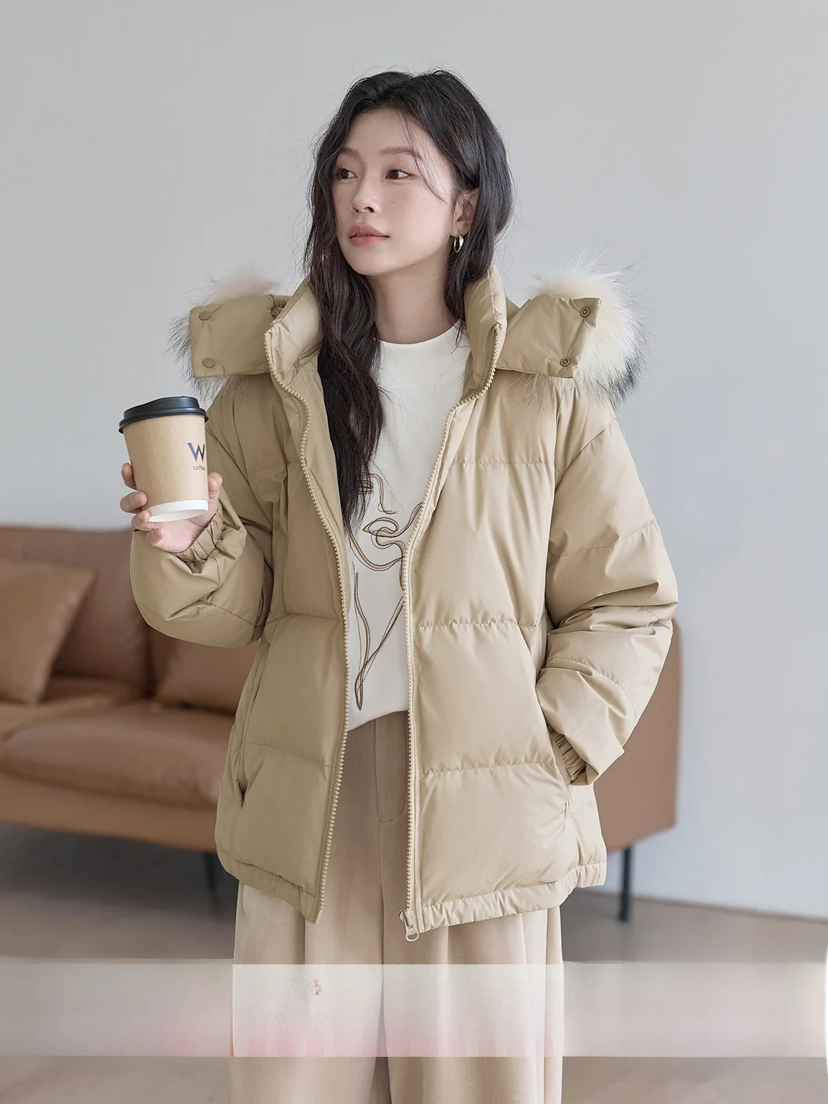 

Khaki Color Women's down Jacket Removable Fur Collar Warmth Commute Style Regular Fit White Duck down Filling Long Sleeve