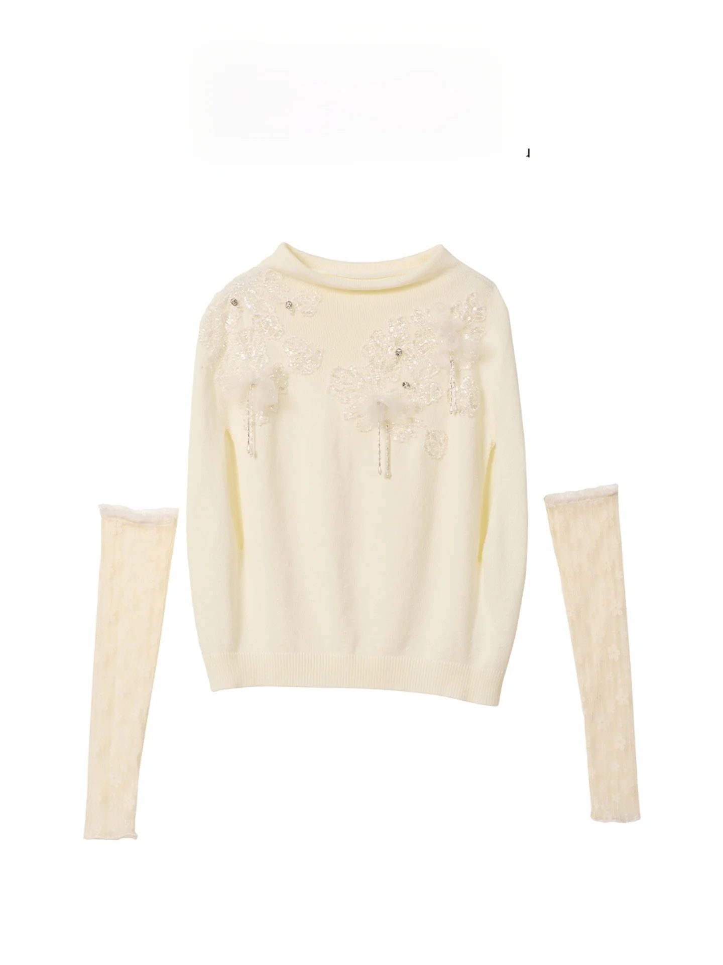 

AZZHEN Silver Fuzz Flower Sle Knitted Lace Patchwork Heavy Embroidery Women's Autumn Winter New Faion Lady Top