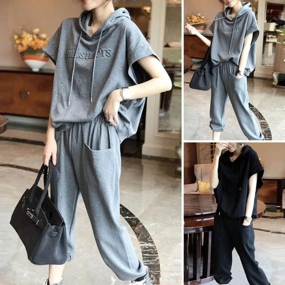 Women Breathable Fabric Lounge Set Stylish 2-piece Hoodie Pants Set Drawstring Solid Color Short Sleeve Elastic Waist for Ladies