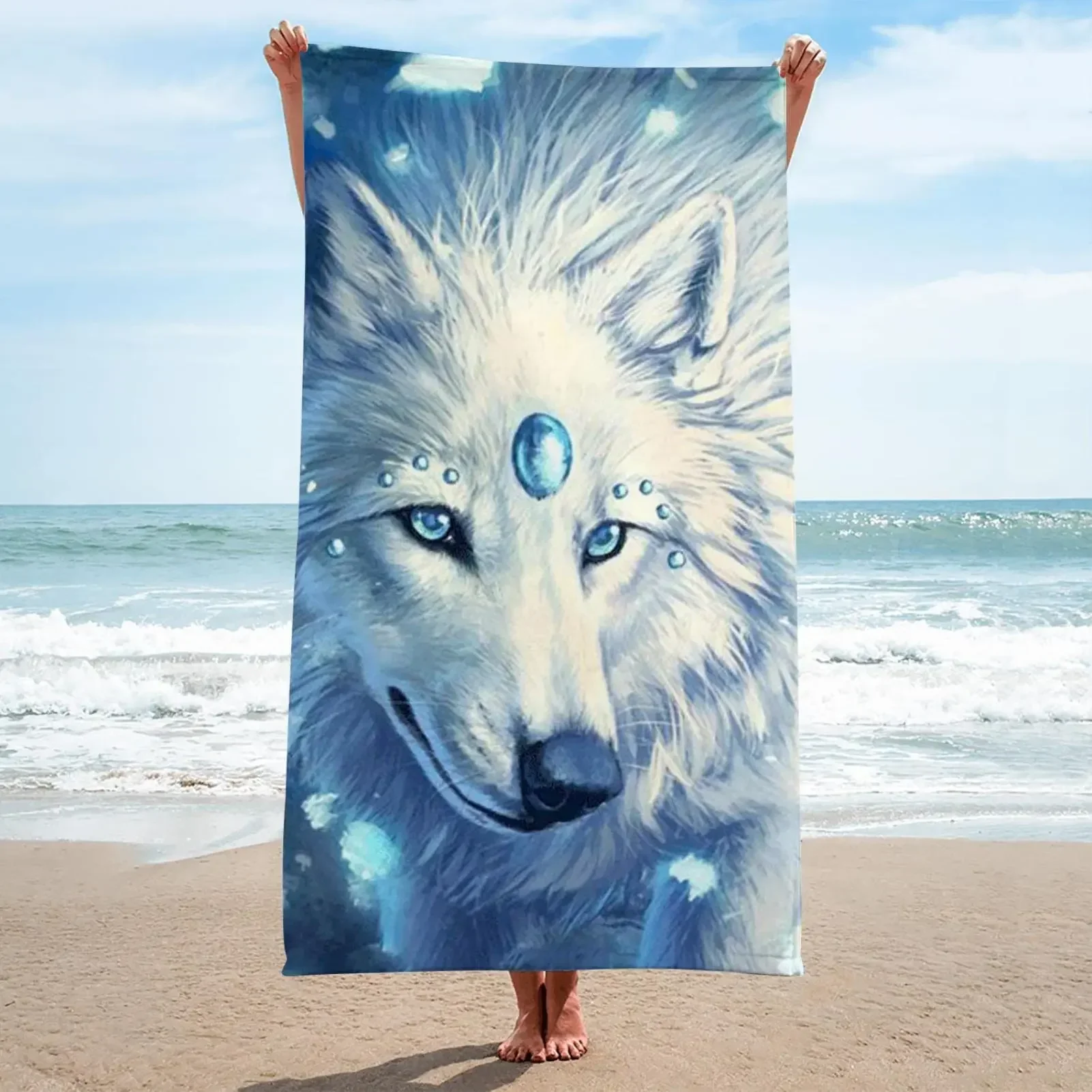 Beach Towel Snow and White Wolf Microfiber Quick Dry Sport Gym Large Bath Towels Sauna Yoga Travel Picnic Blankets for Women Men