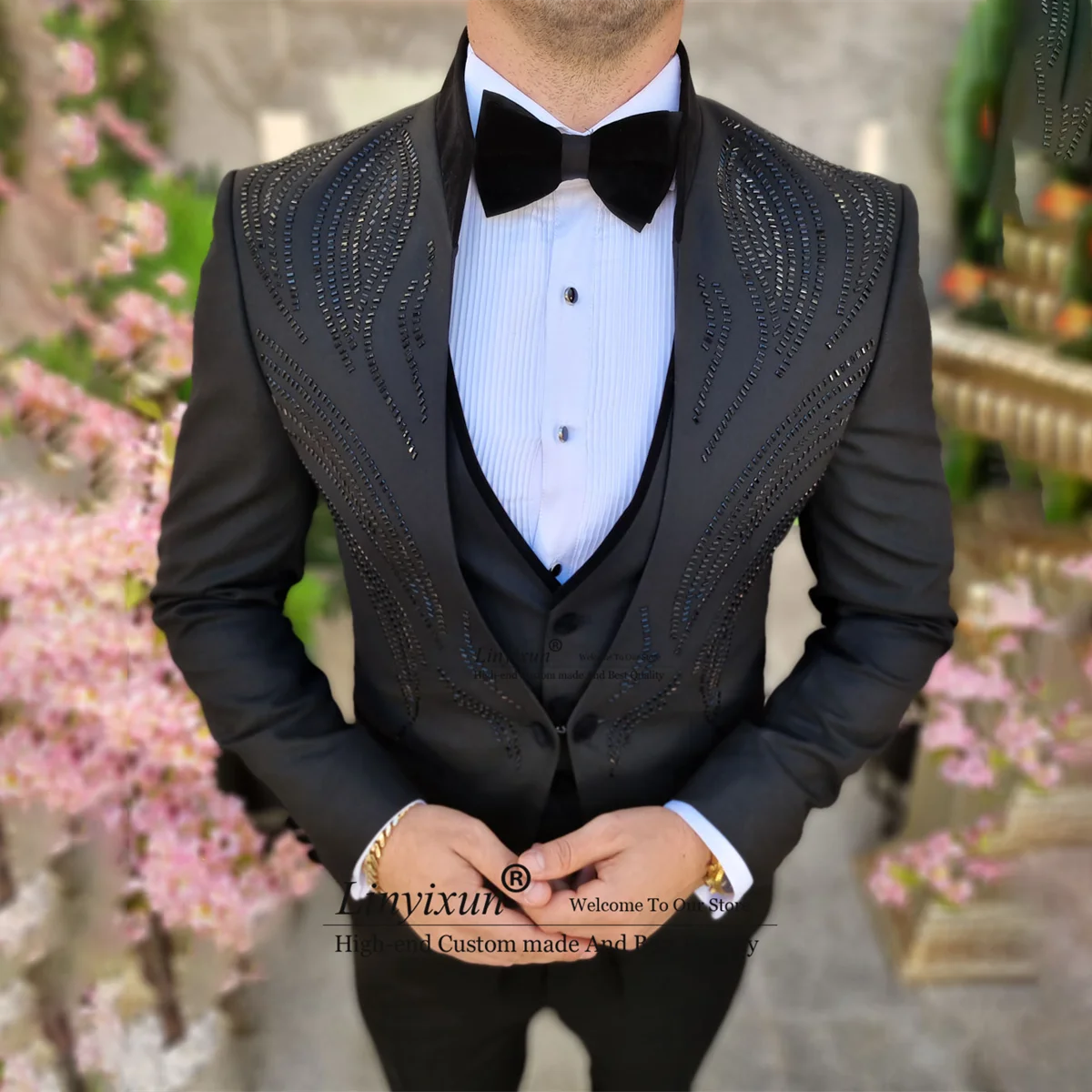 Luxury Beaded Tuxedos Men Suits Fashion Groom Tuxedos 3 Pieces Sets Wedding Party Blazer Slim Fit Terno Masculinos Completo