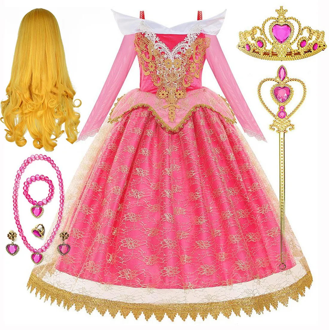 

Disney Sleeping Beauty Aurora Princess Dress Cosplay Off Shoulder Kids Gifts Fancy Halloween Party Girl Baby Fine Lace Dress