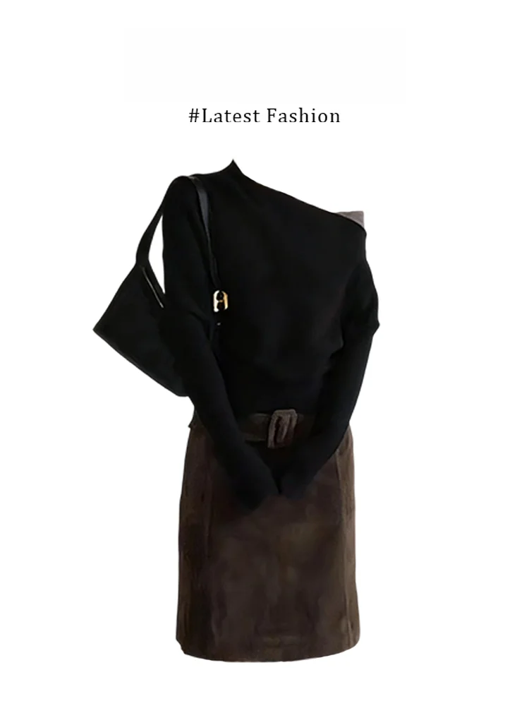 

Korean Style Color Block Shoulder Bared Knitted Sweater And Skirt Set Early Autumn Fashion Women's Clothing Set
