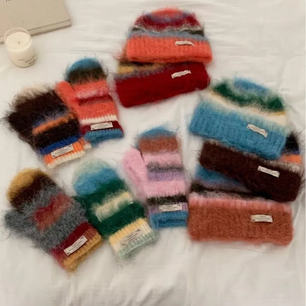 Comfortable Plush Striped Knitted Hat Warm Korean Style Mohair Gloves Rainbow Color Fleece Hat Gloves Set Cold Weather