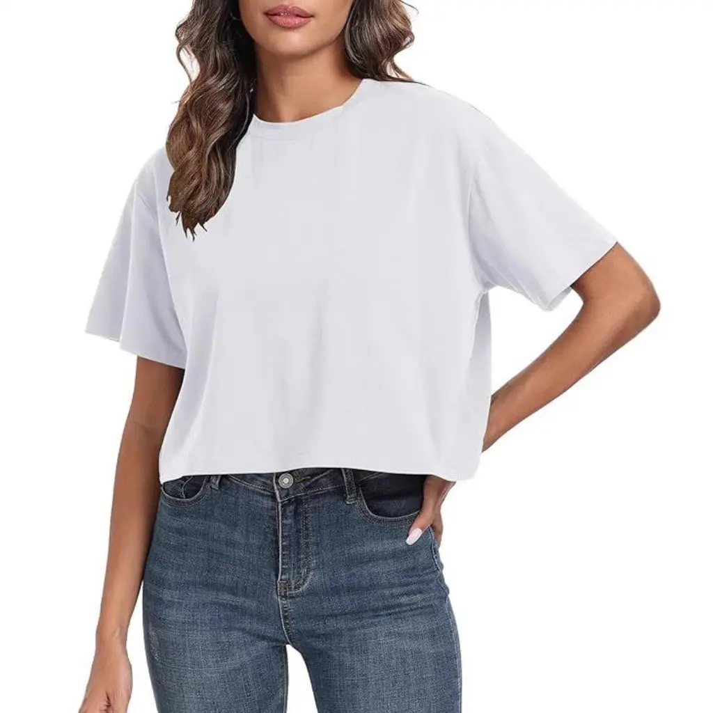 

Women's Loose Short T-shirt round Neck Navel Top Casual Summer Solid Color Basic European American Style Fashion