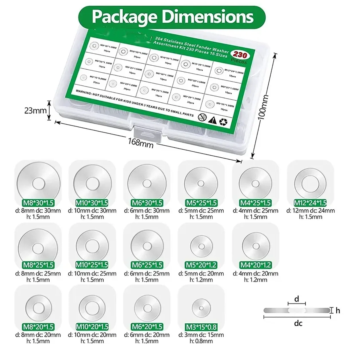 230Pcs Large 304 Stainless Steel Fender Washers Assortment Kit 15 Sizes M3 M4 M5 M6 M8 M10 M12 Enlarged Flat Washer for Screws