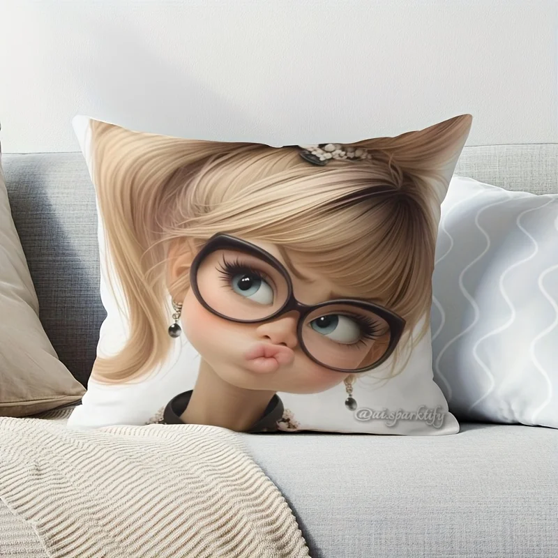 1pc 2D Flat (Pillow Not Included) Big Eyes Glasses Girl Portrait Cushion Cover Short Plush Trendy Art Decor Throw Pillow Case