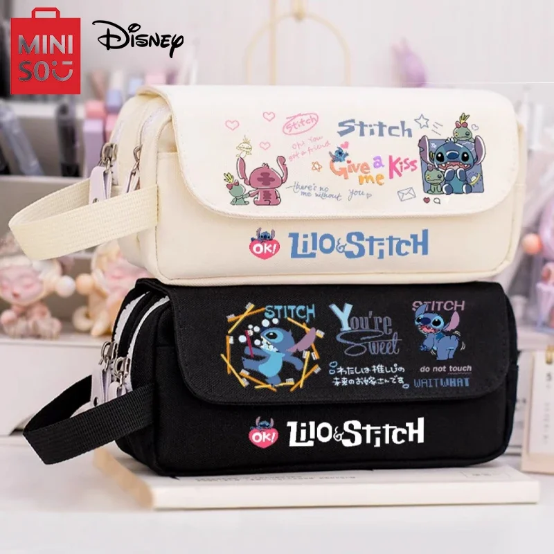 MINISO Disney Stitch Pencil Bag Cute Cartoon Student Large Capacity Pencil Organizer Kawaii Elementary Portable Lovely Pen Pouch