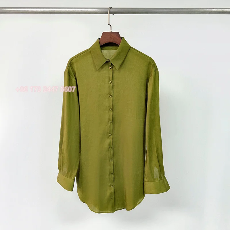 Cor* Spring/Summer Women Shirt Blouse Silk Line Full Sleeve Turndown Collar Long Length Casual Green Color Vintage Oversize