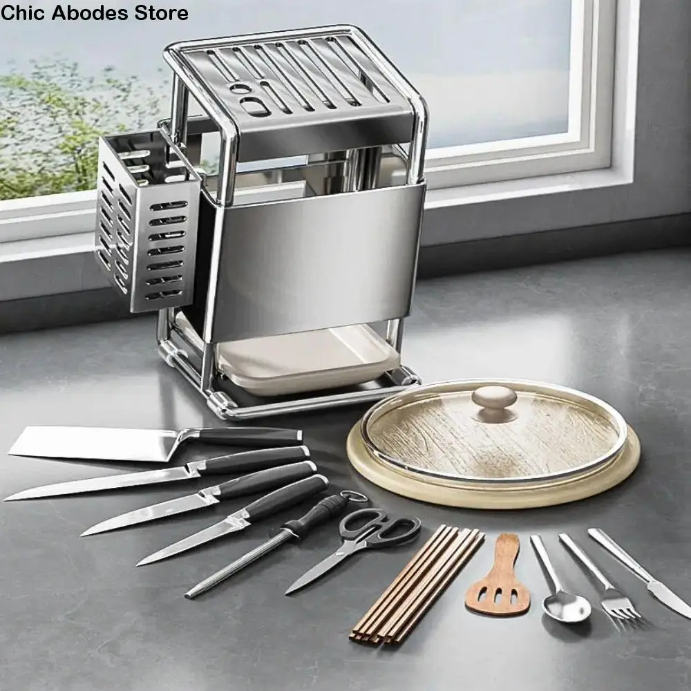 

Stainless Steel Cutter Holder Drain Tray Stable Tool Storage Rack Large Capacity Space Saving Kitchen Utensil Organizer