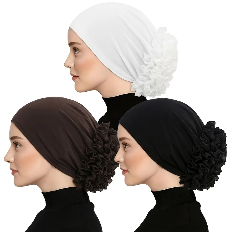 3pcs Set of Chiffon Large Floral Headscarf Hats, Hair Loss Headwear, Ethnic Turban