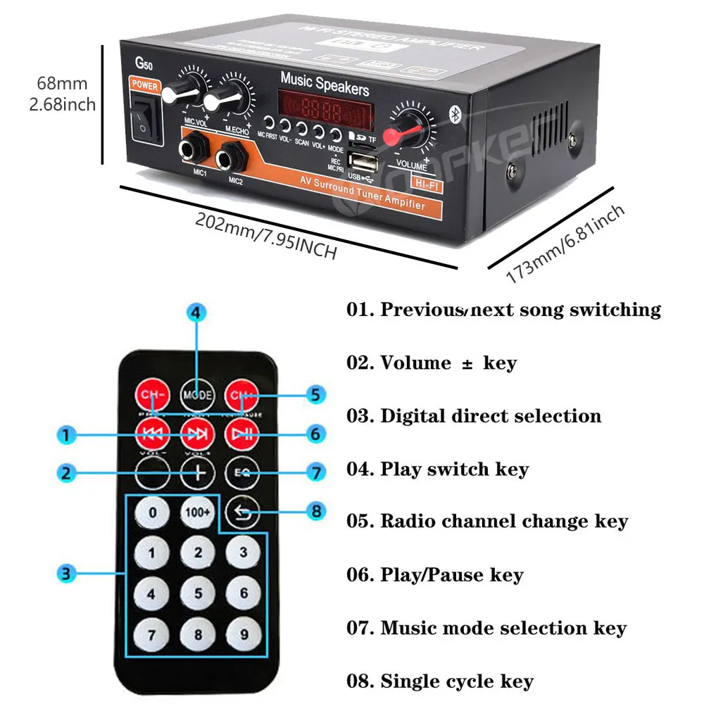 Imagem -06 - Amplificador de Som Bluetooth Digital Amplificar 2.0 Canal Suporta Usb tf Mic Rca Rádio fm Importação ac 110v220v