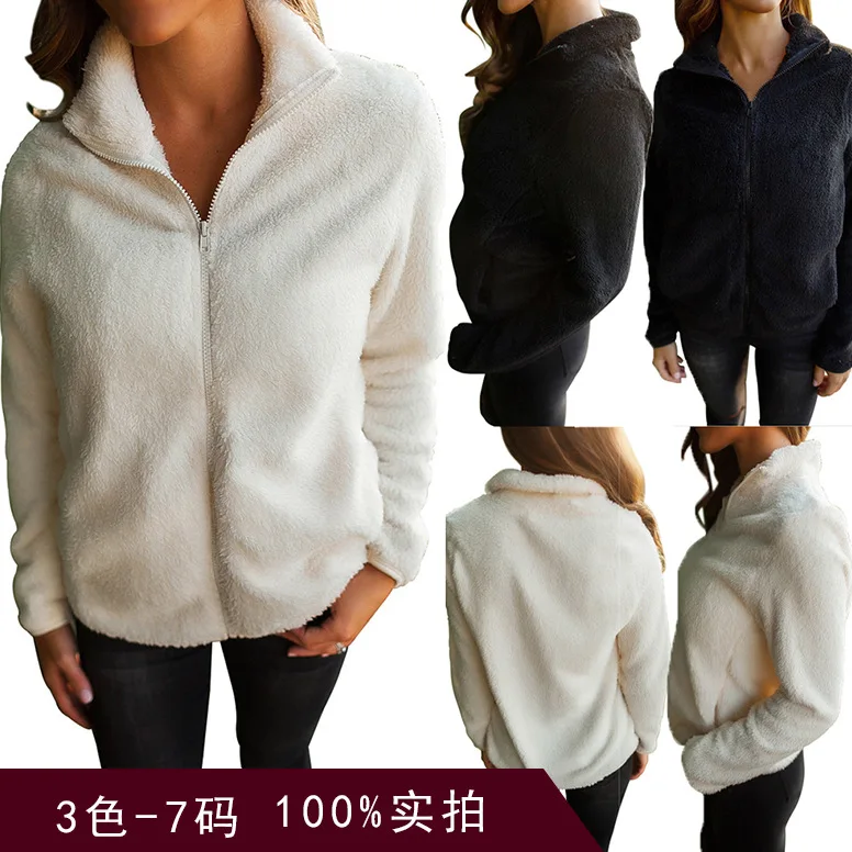

Winter Europe and the United States wind high collar long sleeve with zipper wool Slim women's jacket women