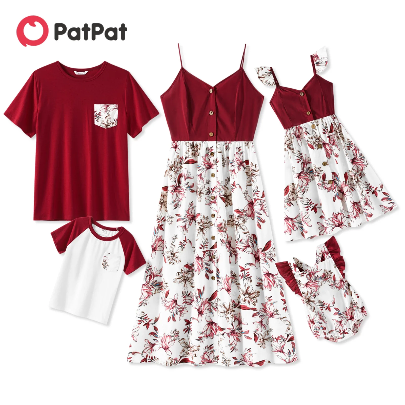 

PatPat Family Matching Look Mom and Me Dress Mother Daughter Son Dad Solid V Neck Button Up Dresses and Short-sleeve T-shirts