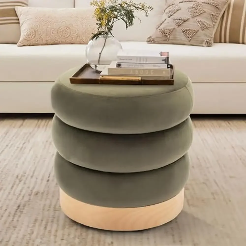 Modern Channel Tufted Velvet Ottoman with Wood Base Living Room Side Table