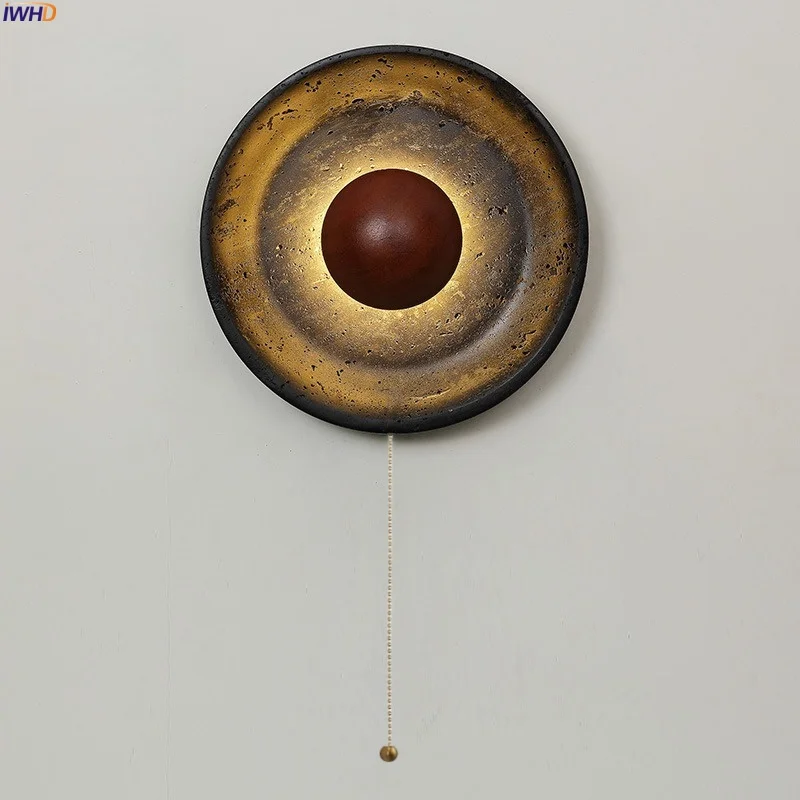 

IWHD Nordic Minimalism LED Wall Light Pull Chain Switch Black Travertine Wood Loft Living Room Kitchen Bedside Lamps Wandlampen