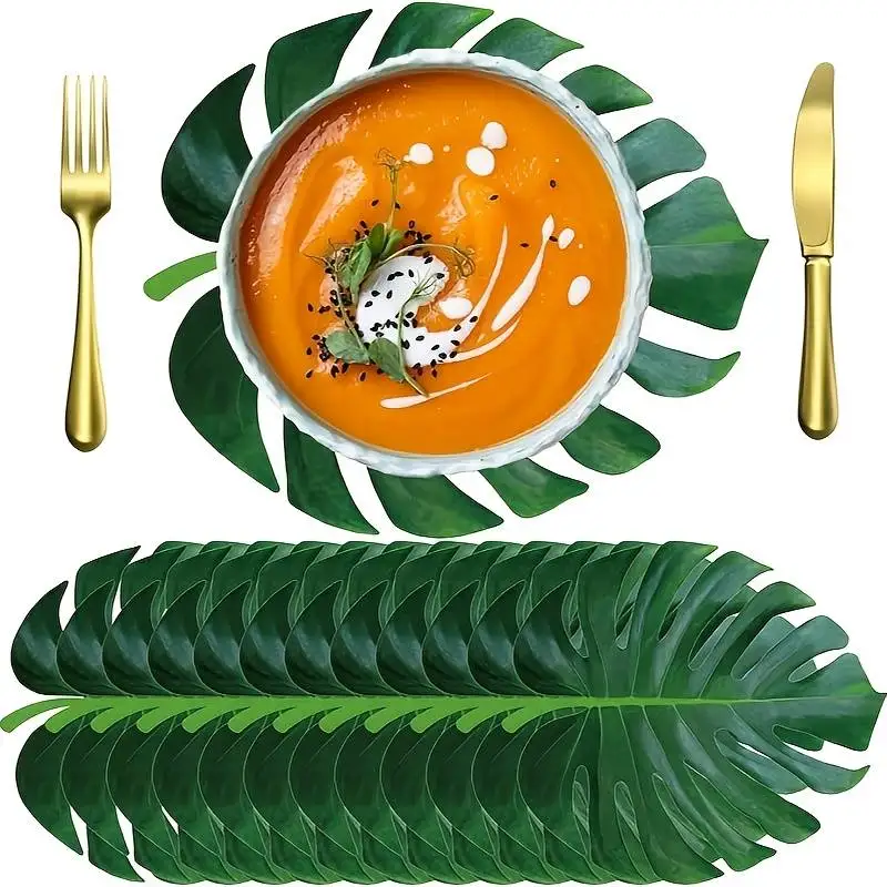 12Pcs Hawaii Artificial Palm Leaves, Turtle Back Leaf Jungle Beach Placemats for Party, Wedding Birthday Summer Dinner Tableware
