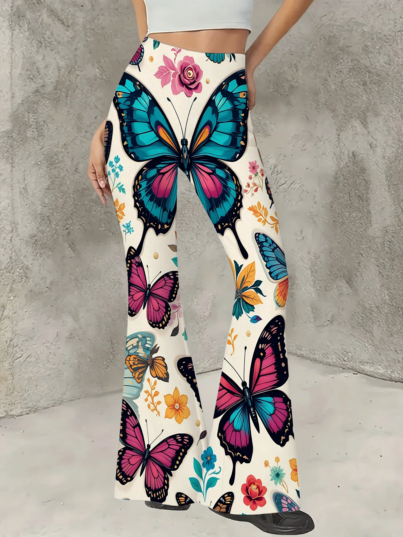 

Korean Style Printed Flare Pants Women High Waist Slim Fit Bell Bottom Leggings