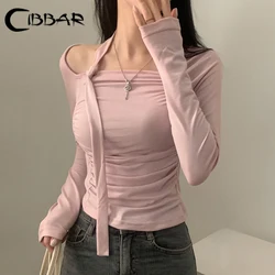 CIBBAR Sweet Solid Bandage Halter magliette donna Casual Off-spalla manica intera Crop Top moda coreana Tees autunno y2k estetico