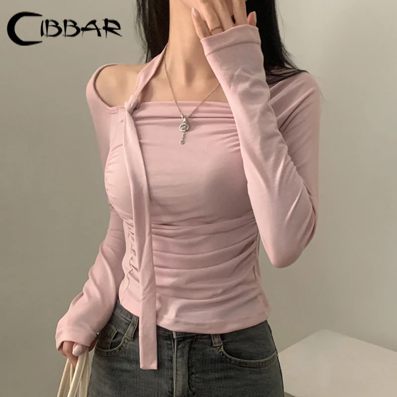 CIBBAR Sweet Solid Bandage Halter T Shirts Women Casual Off-shoulder Full Sleeve Crop Top Korean Fashion Tees Fall y2k Aesthetic