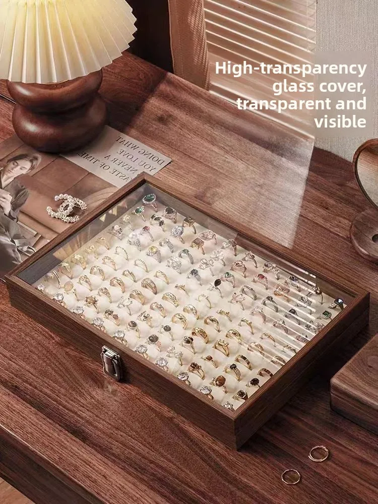 High-End Walnut Grain Veneer Dustproof Jewelry Box Earring Ring Storage Organizer Covered Glass Top Ring Tray Craft Factory