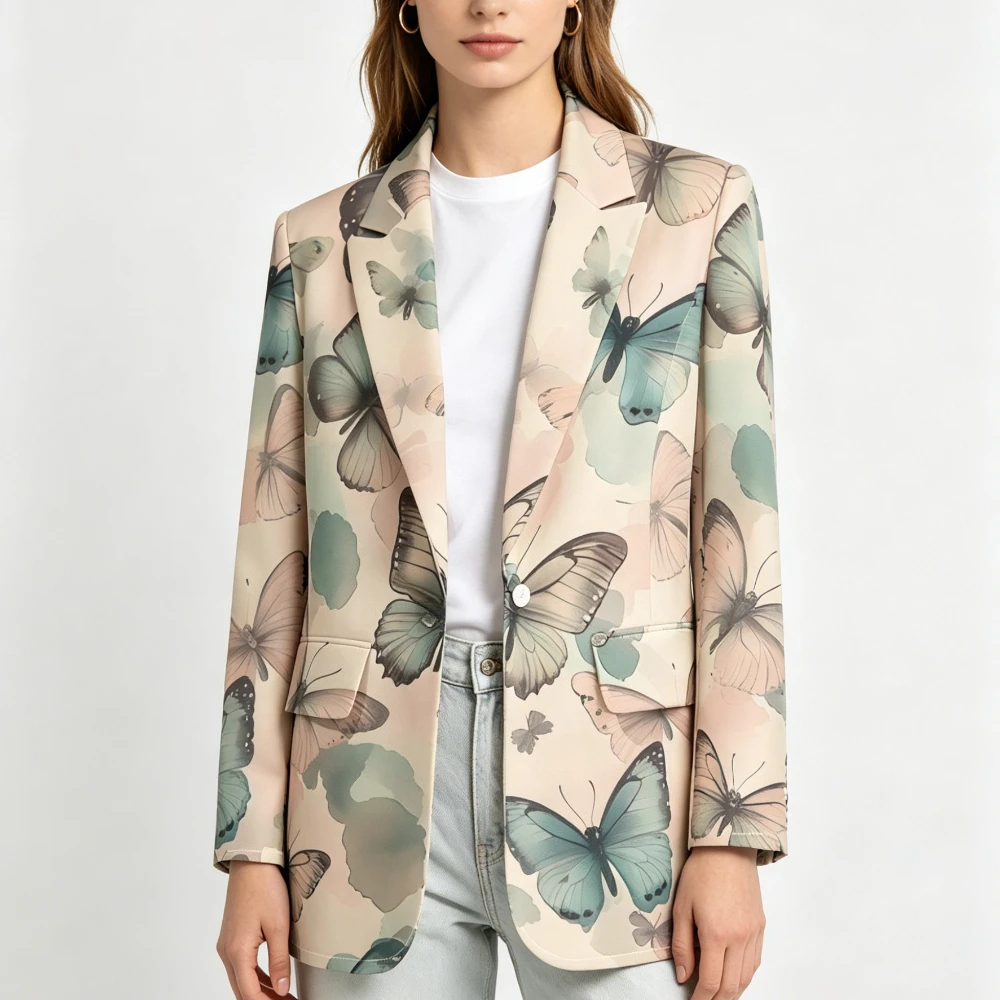 Printed Blazers Butterfly Floral Animal Single Breasted Blazer Plus Size Fashion Casual Jacket Office Coats for Women Outerwear