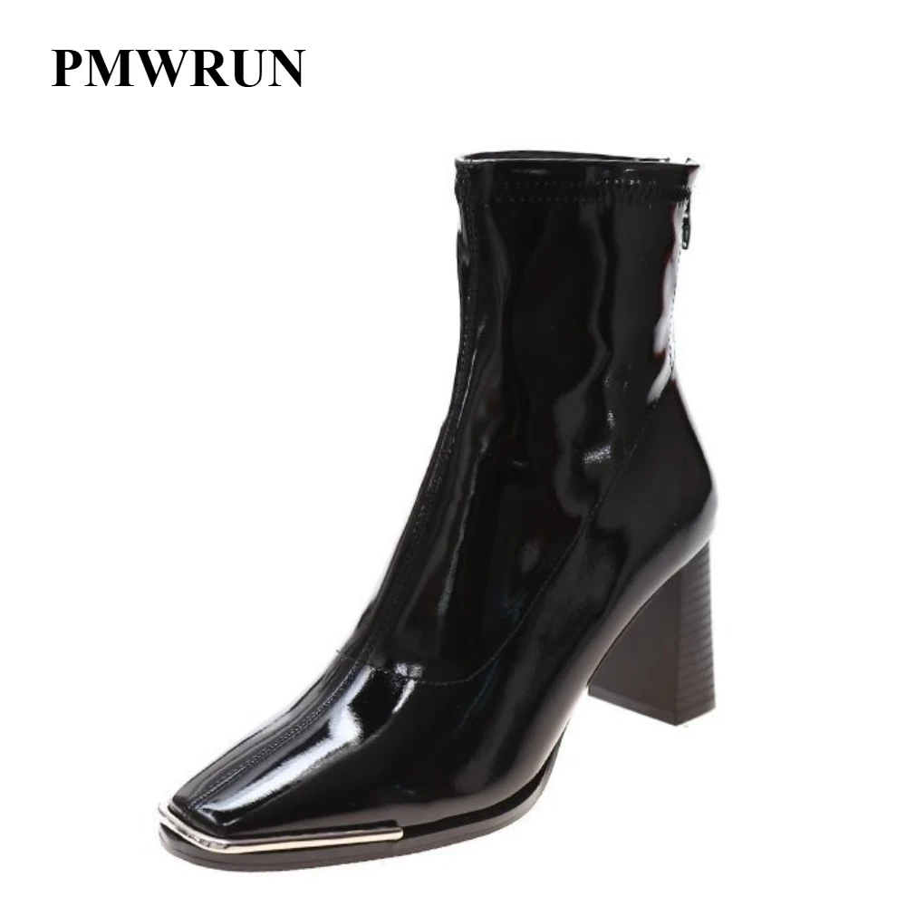 

Women's Square Toe Short Boots Fashionable Elastic Zipper Boots Autumn Winter Outdoor High Heels Motorcycle Shoes Black Botines
