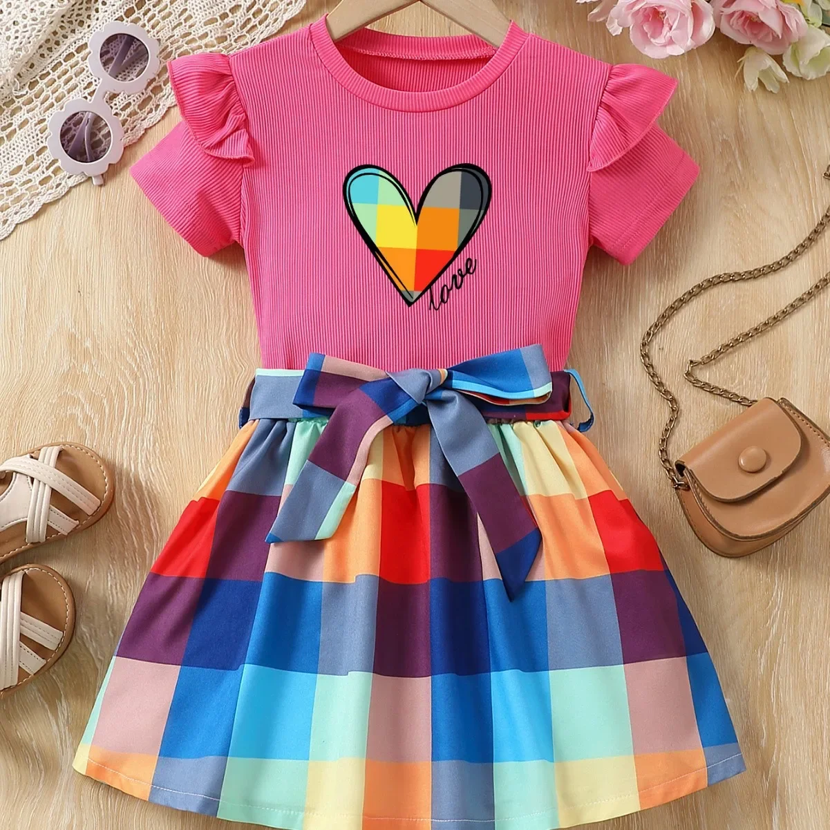 Conjunto de ropa informal para niños y niñas, camiseta de manga corta con estampado de corazón y falda a cuadros, ropa de dos piezas para verano, 2024