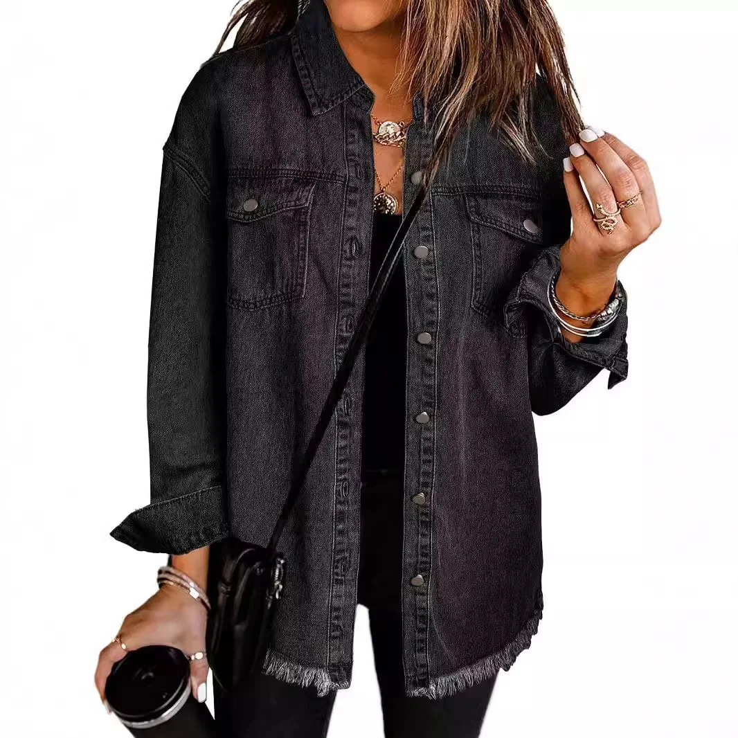 

Women's Autumn and Winter Personality Street Style Frayed Hem Washed Denim Shirt Jacket