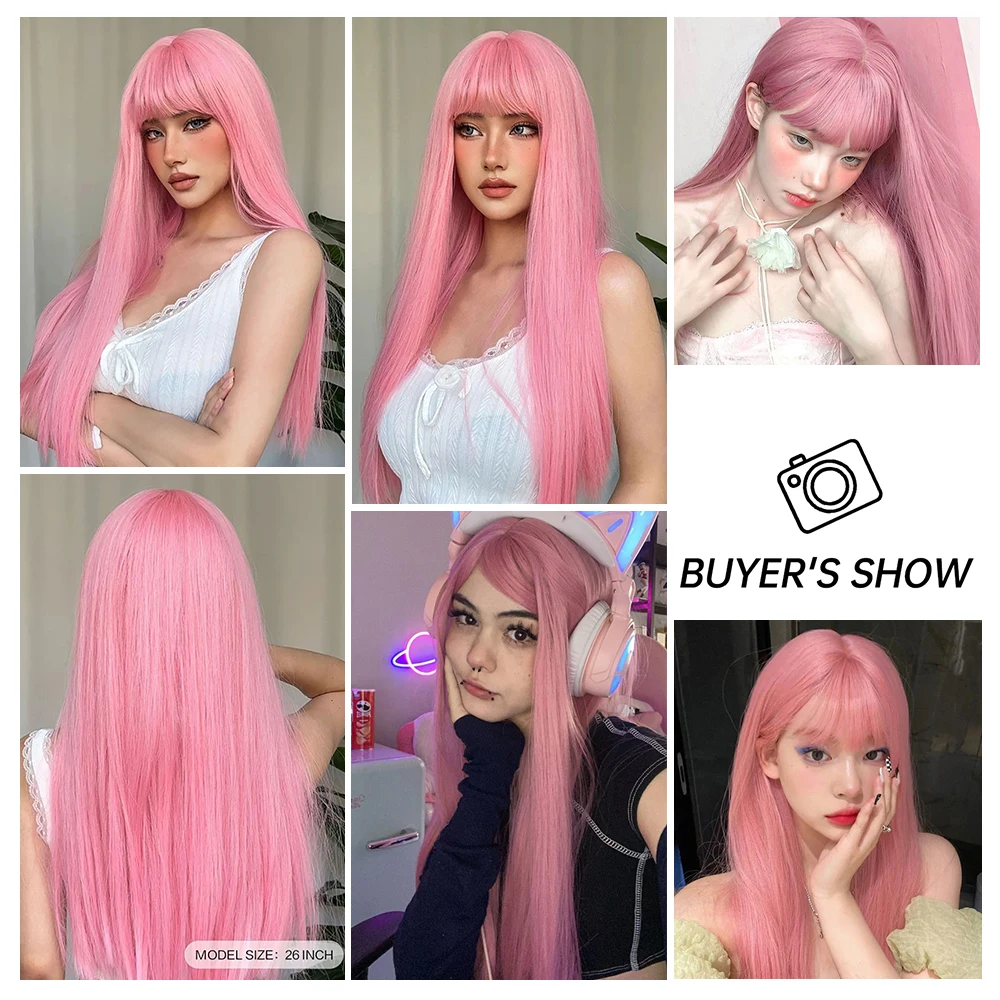 Perruque Synthétique Longue Lisse Rose avec Frange pour Femme, Cosplay, Cheveux Naturels, Lolita, Degré de Chaleur, ix, 03/Faux Cheveux