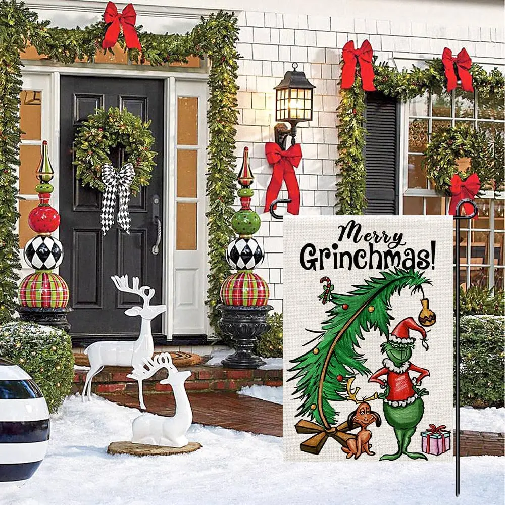 Christmas Decorations, Grinchmas Garden Flags 12x18 Double Sided Burlap, Xmas Tree Winter Sign Yard Outdoor Decor DF368