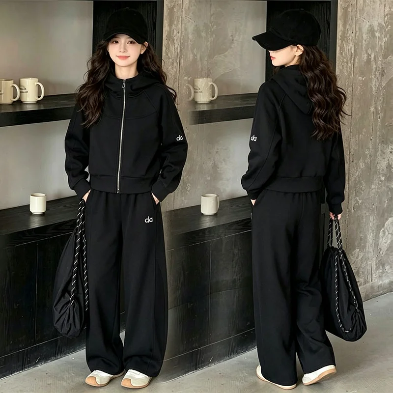 New Winter Autumn Teenager Kids Girl Children Set Clothes Jacket Top Hooded + Wide Leg Pants Tracksuit 4 8 10 11 12 14 15 Year