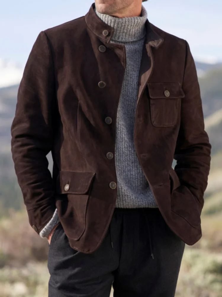 Mens Stand Collar Dark‑Brown Suede Jacket Vintage Button Closure Multi‑Flap Pockets Regular Fit Autumn Daily Outerwear