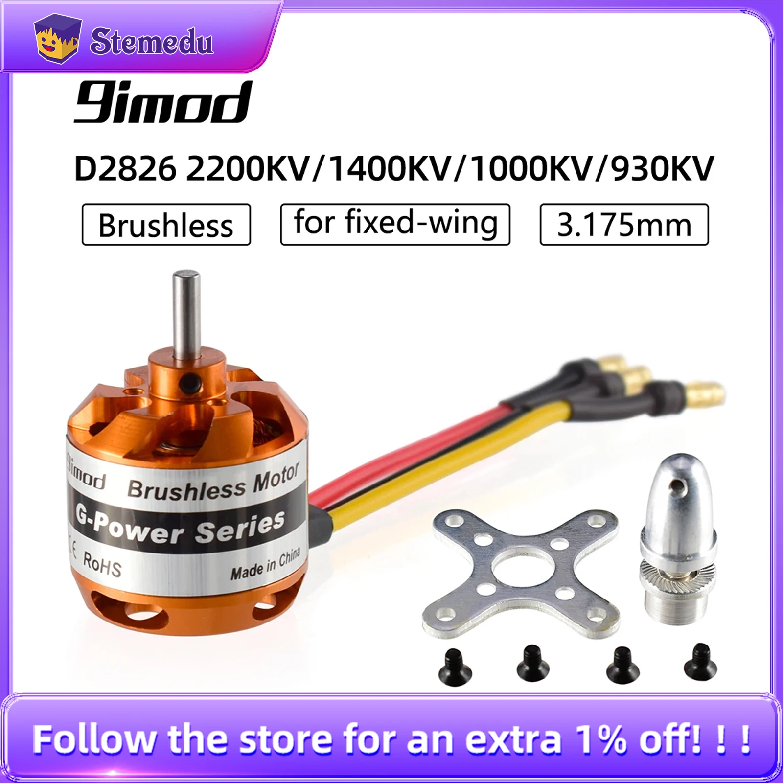 

9imod D2826 2200KV/1400KV/1000KV/930KV Бесщеточный двигатель 2-3S для радиоуправляемых мини-мультикоптеров, самолетов с неподвижным крылом