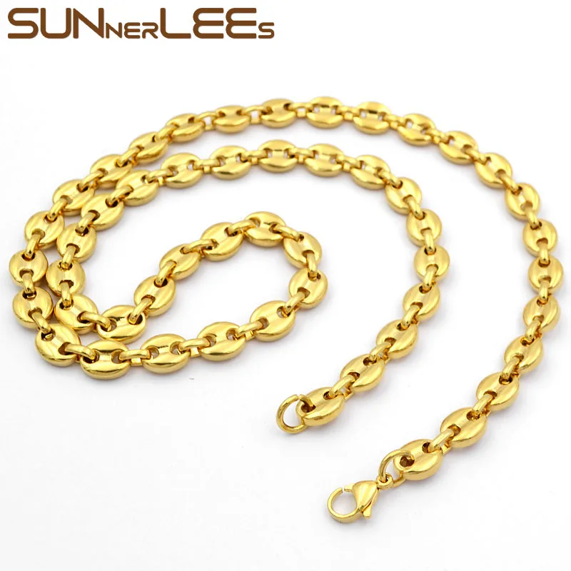 SUNNERLEES 316L Stainless Steel Necklace 5~11mm Coffee Beans Link Chain Gold Black Silver Color Men Women Jewelry Gift SC13