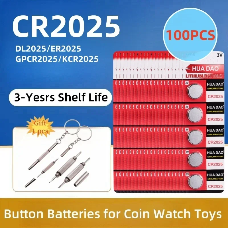 100PCS CR2025 Lithium Coin Battery Ultra High Capacity Powerful 3V Output Specialty Technology TV Remote Car Fob Watches