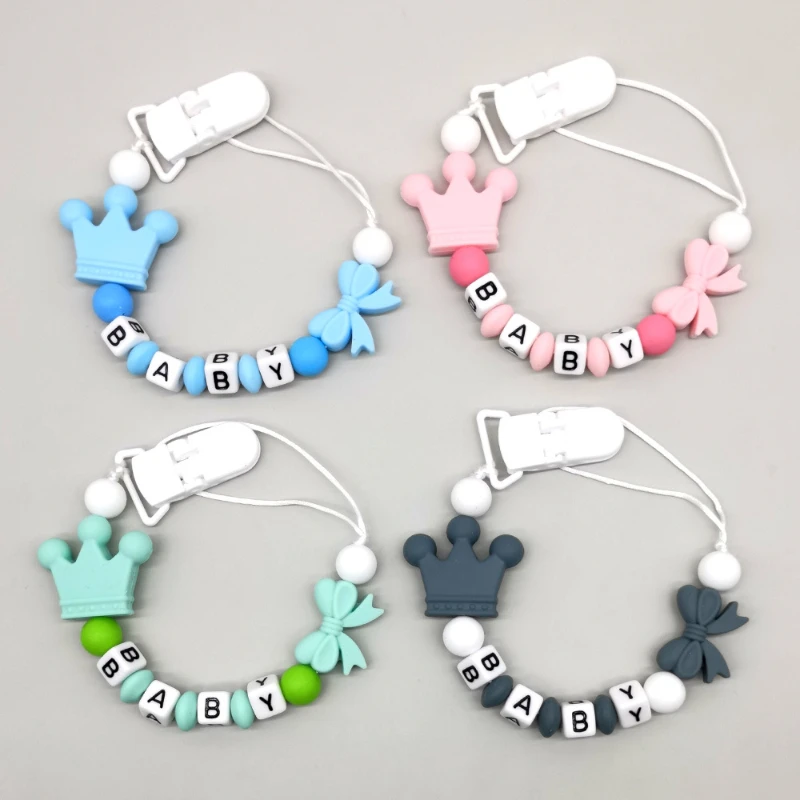 Crown Bow Silicone Pacifier Clip Custom Name Baby Teething Beads Dummy Holder Anti-Lost Pacifier Chain Newborn Shower Gift