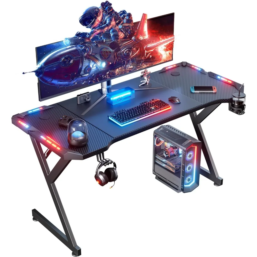 

47 Inch Gaming Desk with LED Light Ergonomic Computer Table with Carbon Fibre Surface Sturdy PC Workstation Desk for Home Office