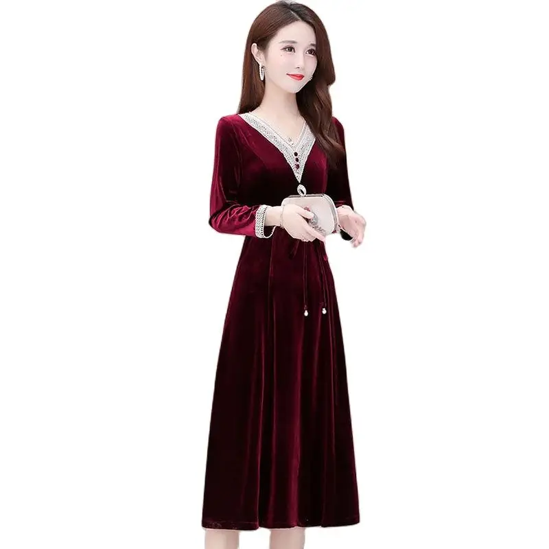 

Gold Velvet Dress Women's 2022 Autumn New Fashion Temperament Self-cultivation High-end Mid-length Western-style Bottoming Skirt