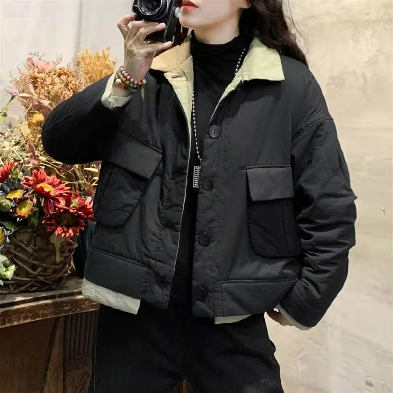 

Women's Cotton Jaet Thiened Long Sve Warm Retro Sle Button Closure Polyester Fabric Pure Color Collar Coat