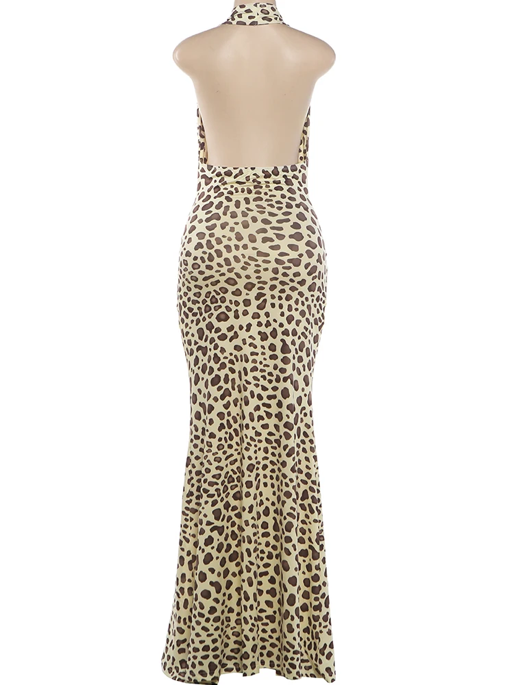 Weird Puss Leopardenmuster Rückenfreies Kleid Damenmode Hottie Neckholder Swing-Ausschnitt Ärmellos Elegantes Abendkleid Party Club Bodycon – Detail 6