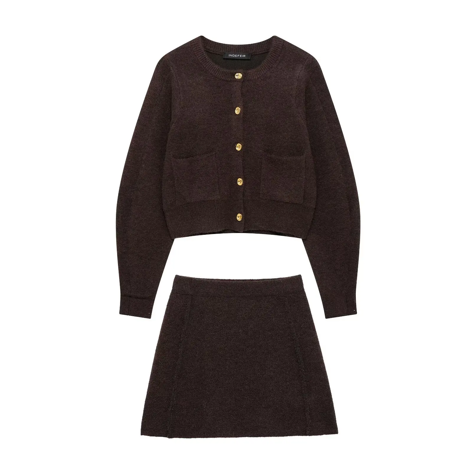

Women Skirt Suit Fashion O-Neck Knitted Long Sleeve Single Breasted Pocket Cardigan+Elastic Waist Slim Mini Skirt for Female