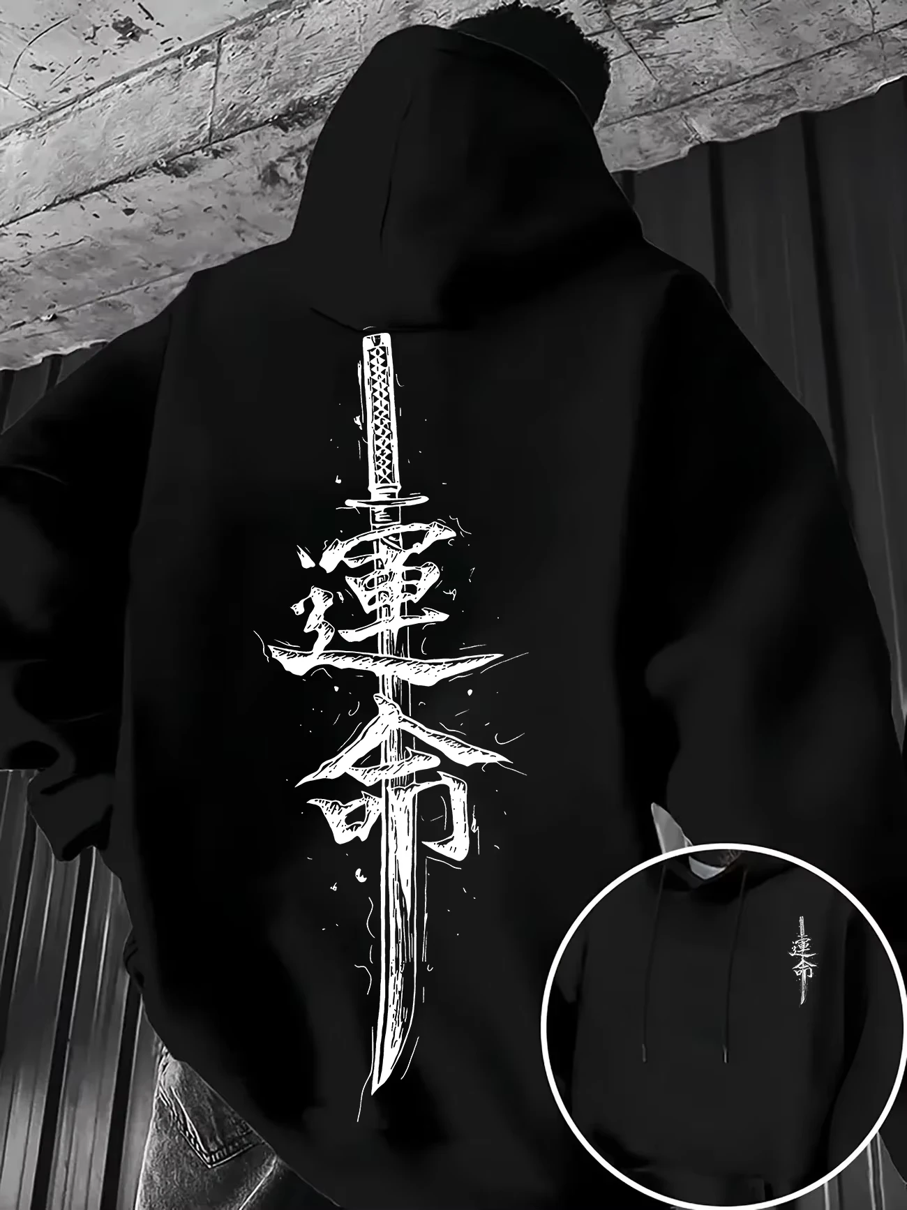 Men's Japanese Katana Sword Kanji Fate Letter Graphic Hoodie Vintage Brush Stroke Print Sweatshirt Autumn Winter Streetwear Top