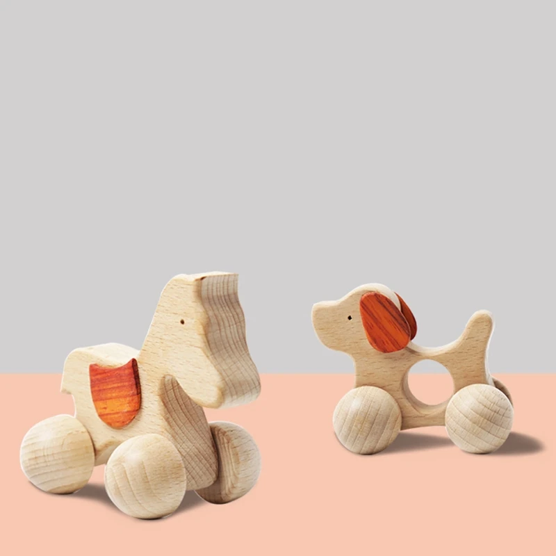 Q0KB Montessori Toys Wooden Rattle Brain Game Car, Handmade Crafts Gift Child Block Car, 1Pcs Puppy/ for Pony/ Beech Car