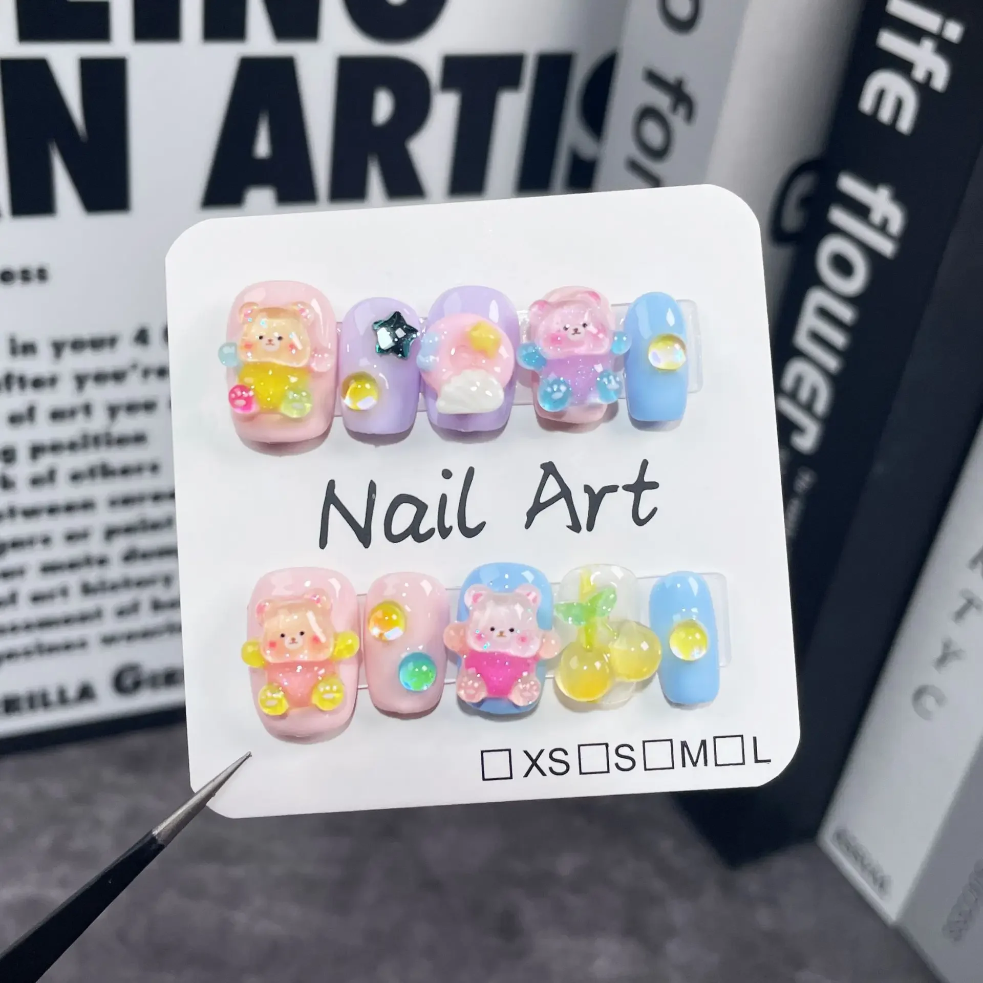 

10pcs Handmade Press on Nails Cute Hug Bear Milk Huhu Bear Fake Nail for Women&Girl Removable Wearable Nail Art Daily wear