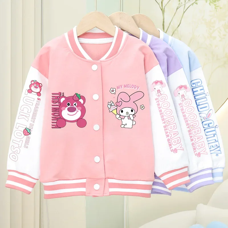 Casaco de Manga Comprida Kawaii para Crianças, My Melody Baseball Jacket, Sanrio Vestuário Presentes, Anime Kuromi Fashion, Bonito, Doce, Primavera, Outono